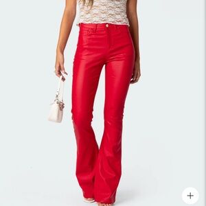 Edikted Faux Red Leather Flare Jeans